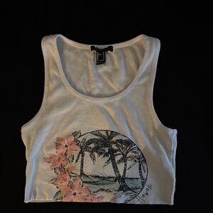 Forever 21 Size XS Women's White Crop Hawaii Tank Top with Tropical Print